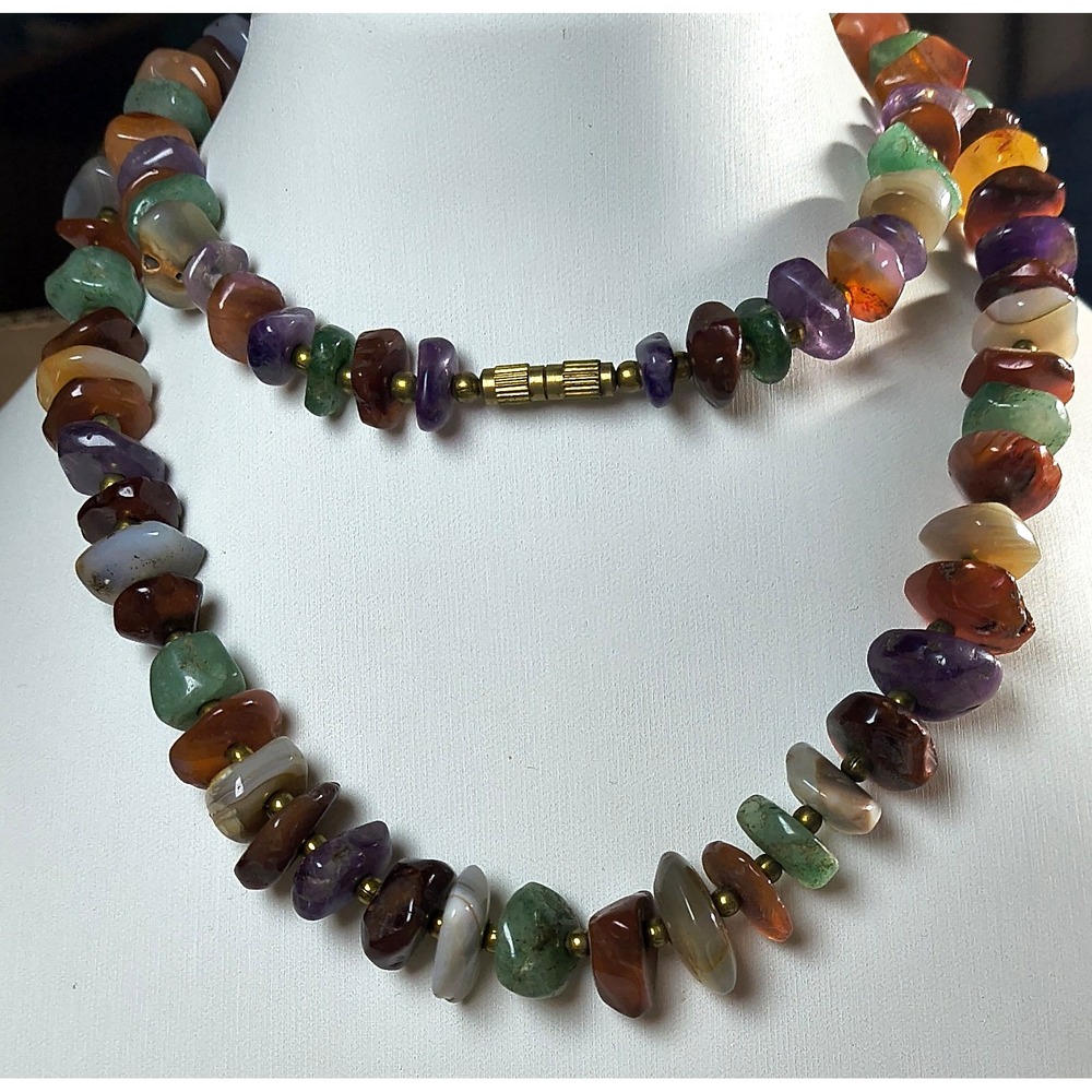 Vintage Mixed Gemstone Necklace Polished Nugget Beads Barrel Clasp 27"